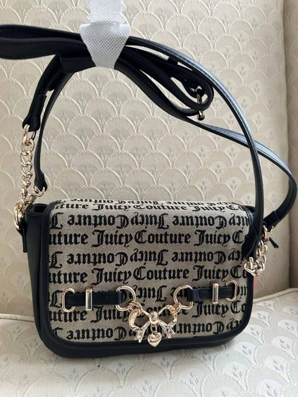 Juicy Couture Crossbody Saddle Bag with Script Print - Black/Beige NWT